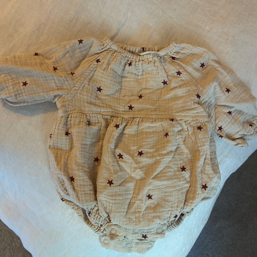 Rylee + Cru Beige Romper with Maroon Stars